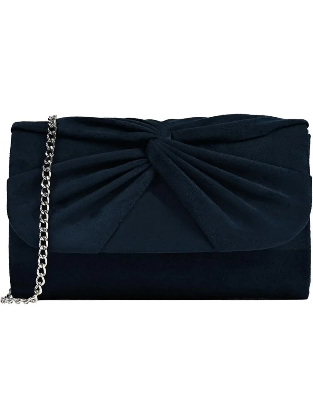 Women's Navy Faux Suede Pleated Bow Clutch Purse For With Strap Evening Bag